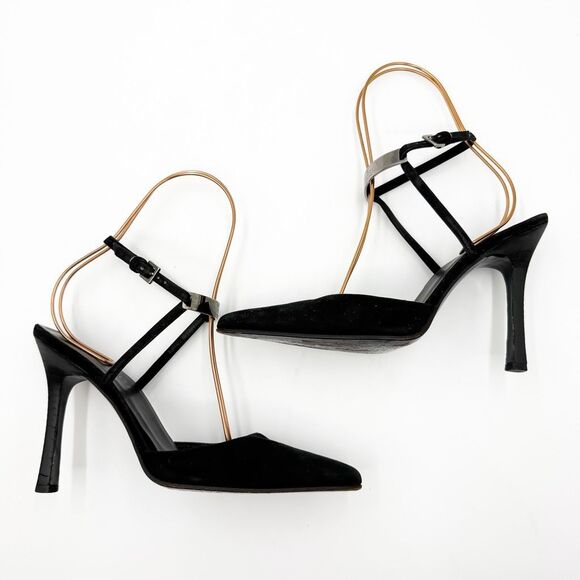 Gucci Black Suede Leather Strappy Heels Pointed Toe Size 7 - Picture 8 of 15